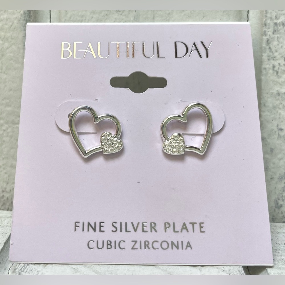 Beautiful Day Jewelry Silver Heart Earrings Fine Silver Plate Cubic Zirconia NWT